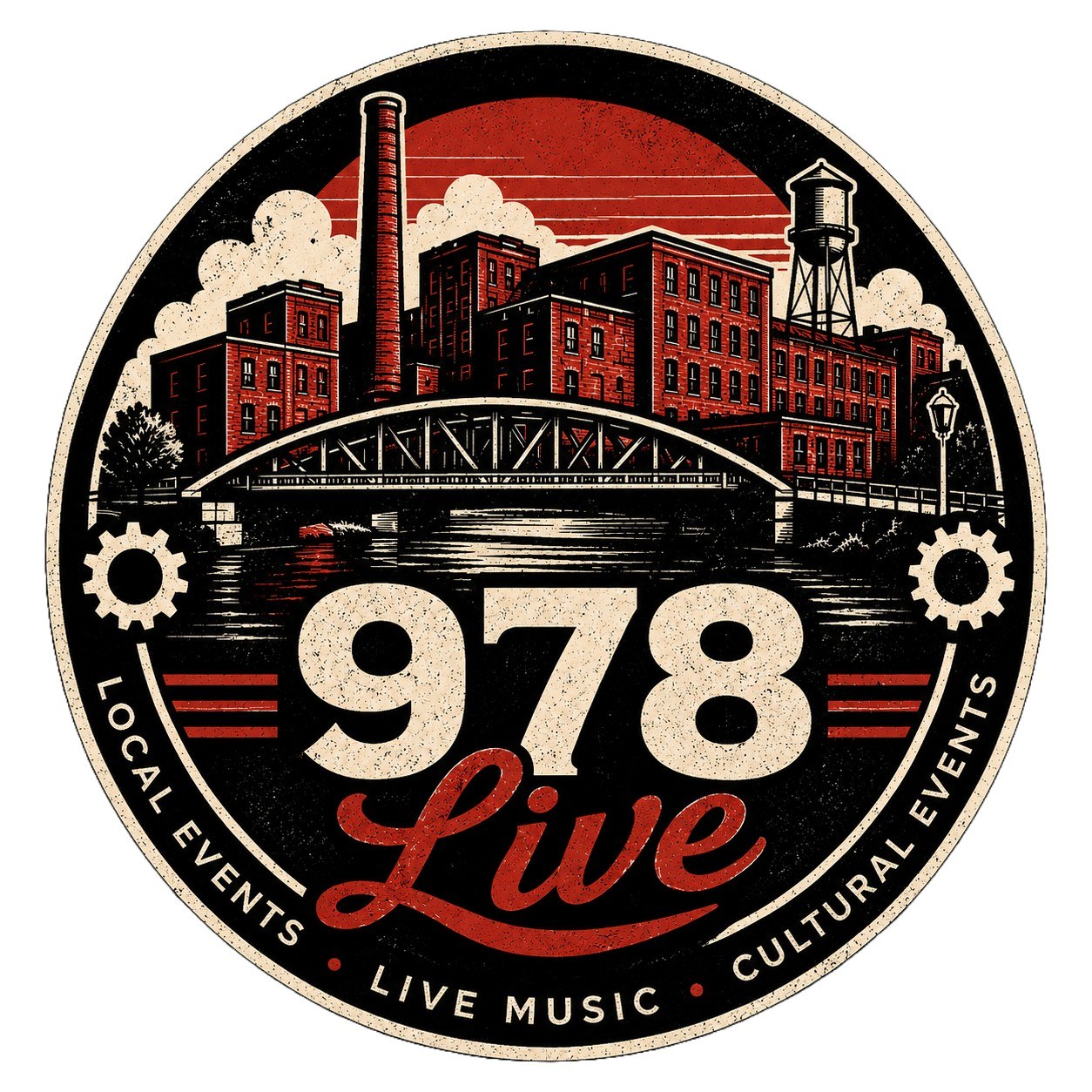 978Live logo: the numbers 978 over Lowell's mills and bridges in red and tan.